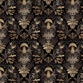 Mushroom forest damask pattern black and gold 