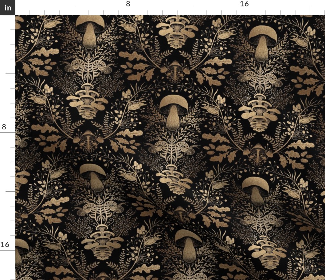 Mushroom forest damask pattern black and gold 