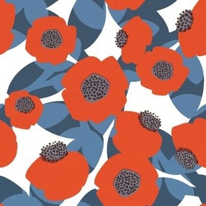 Poppies -Red flowers and blue leaves on white background