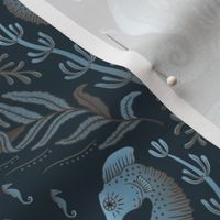 Pocket for baby seahorses - antique blue-brown pregnant male seahorse  damask - steel blue - small