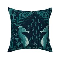 Pocket for baby seahorses - teal green pregnant male seahorse  damask - dark inky teal - large