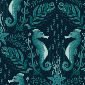 Pocket for baby seahorses - teal green pregnant male seahorse  damask - dark inky teal - large