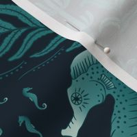 Pocket for baby seahorses - teal green pregnant male seahorse  damask - dark inky teal - medium