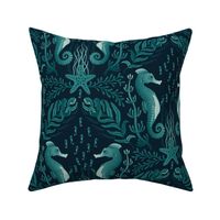 Pocket for baby seahorses - teal green pregnant male seahorse  damask - dark inky teal - medium
