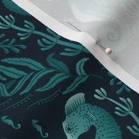 Pocket for baby seahorses - teal green pregnant male seahorse  damask - dark inky teal - small