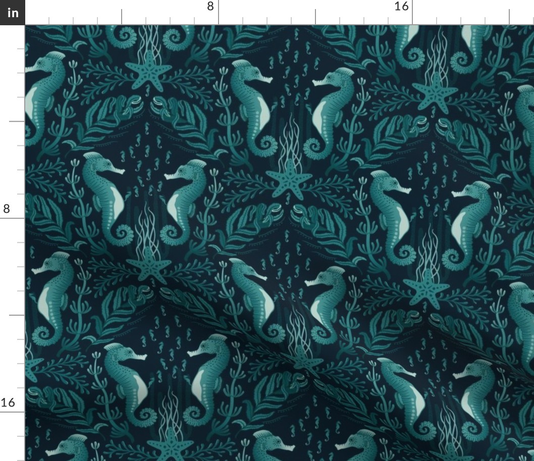Pocket for baby seahorses - teal green pregnant male seahorse  damask - dark inky teal - small