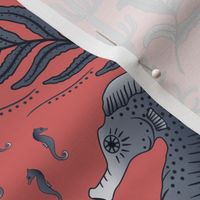 Pocket for baby seahorses - antique blue-grey pregnant male seahorse  damask - coral orange - medium