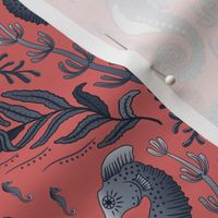 Pocket for baby seahorses - antique blue-grey pregnant male seahorse  damask - coral orange - small