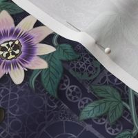 Passionflowers and Butterflies in the Victorian Greenhouse - large floral - navy -  medium
