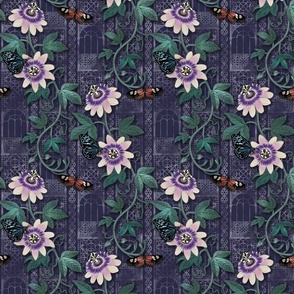 Passionflowers and Butterflies in the Victorian Greenhouse - large floral - navy -  medium