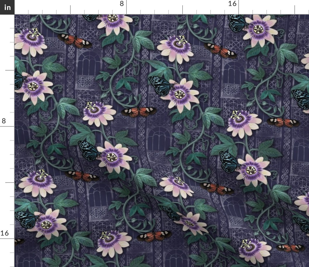 Passionflowers and Butterflies in the Victorian Greenhouse - large floral - navy -  medium