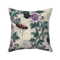 Passionflowers and Butterflies in the Victorian Greenhouse -large floral - cream -  large