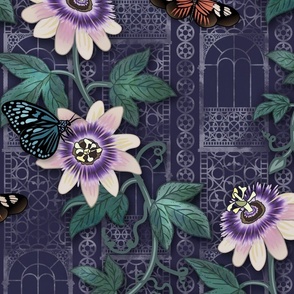 Passionflowers and Butterflies in the Victorian Greenhouse - large floral - navy -  jumbo