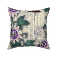 Passionflowers and Butterflies in the Victorian Greenhouse - large floral - cream -  jumbo