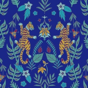 Exotic tigers among jungle leaves and tiger lily flowers - Samarkand Blue 