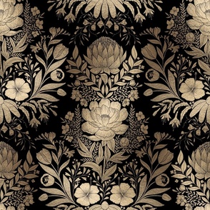 Garden Flowers Block Print Damask Black and Gold