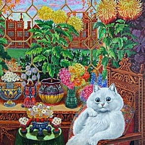 White Cat in Garden Room by Louis Wain, 8x8