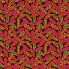 CALATHEAS Hawaiian Tropical Botanical Plants Mid-Century Graphic Leaves Pattern in 1970s Retro Fuchsia Pink Orange Green Brown on Black - TINY Scale - UnBlink Studio by Jackie Tahara