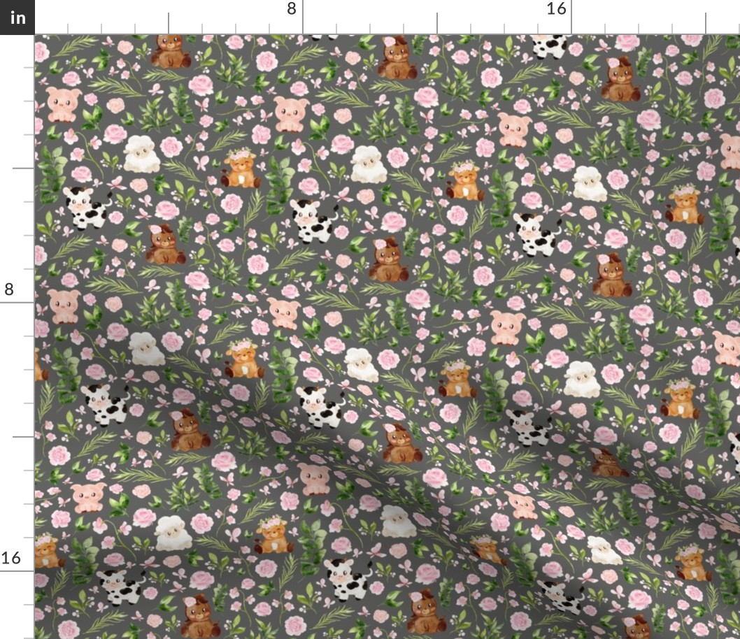 small scale pink floral farm grey
