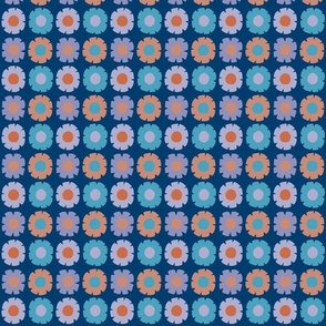 Small Scale Geometric vintage Flowers - Retro Orange Blue 
