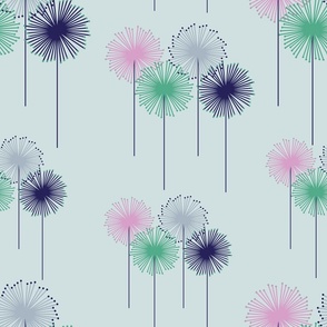 Linear Flowers in Pink, Green, Grey and Blue - Grey Background - Dandelions - Minimalist - Botanicals - Nature - Garden