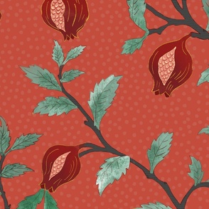 Moms Garden - Ripe pomegranates on branches on red - large scale