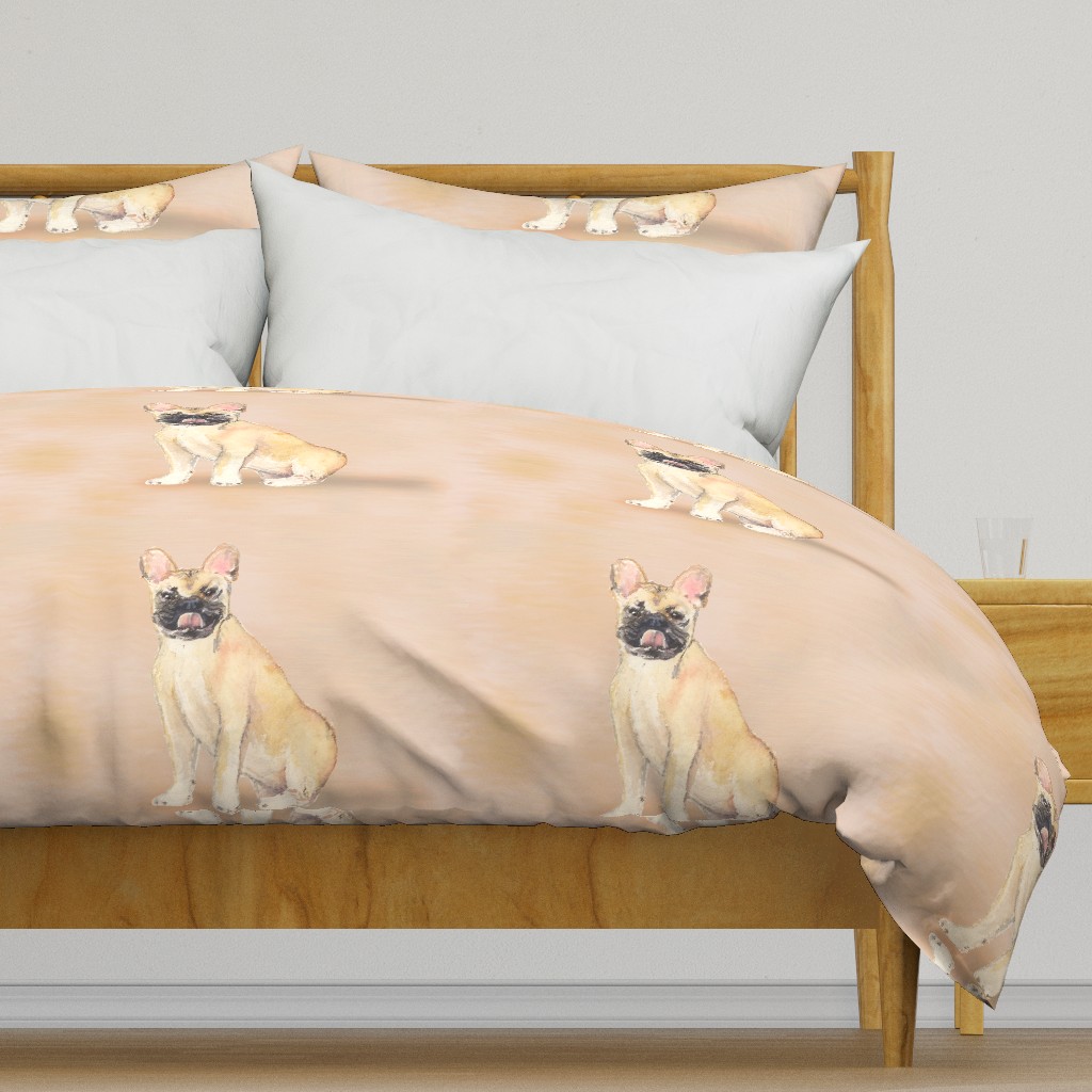 Watercolor Fawn French Bulldog on Orange for Pillow