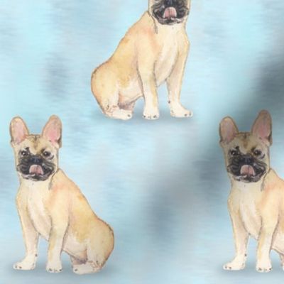 Watercolor Fawn French Bulldog on Blue