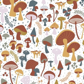 Mushroom Forest - White Background, Green and Pink, Mushroom Wallpaper, Fungi, Fungus, Shrooms, Mycology, Autumn, Fall, Earth Colors, Nature