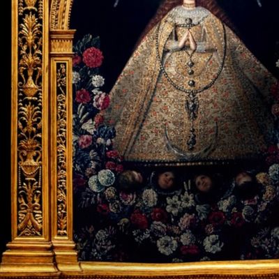 12 praying Virgin Mary Christianity Catholic religious mother Madonna crown floral flowers angels cherub black gold frame gown dress roses dove Holy Spirit halo flowers long hair embroidery crescent moon beautiful lady woman filigree ornate columns altar 