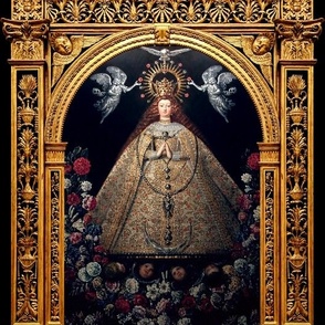 12 praying Virgin Mary Christianity Catholic religious mother Madonna crown floral flowers angels cherub black gold frame gown dress roses dove Holy Spirit halo flowers long hair embroidery crescent moon beautiful lady woman filigree ornate columns altar 