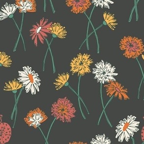 Dandelions In the Meadow in sunny yellow, zesty orange, emerald green and moody charcoal, large scale for bed linen, cotton duvets, floral throw pillows, kids apparel, ladies apparel, and wallpaper