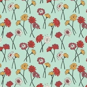 292 - Dandelions In the Meadow in soft blue green, berry pink and orange - large scale for bed linen, cotton duvets, floral throw pillows, kids apparel, ladies apparel, and wallpaper