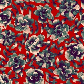 Watercolor grey floral on red