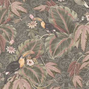 Vintage jungle toucan birds foliage wallpaper -  faded green pink