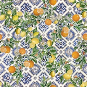 Sicilian blue tiles, antique citrus fruit, lemons and oranges - Bloomery Decor