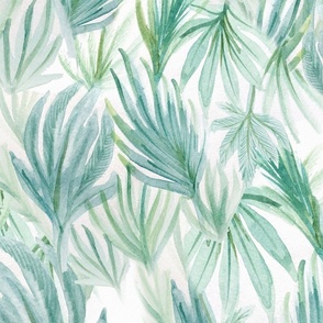 24" Tropical watercolor palm leaves - green and white
