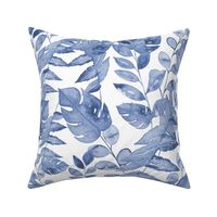 Coastal tropical watercolor monstera leaves - Classic blue and white - 24"