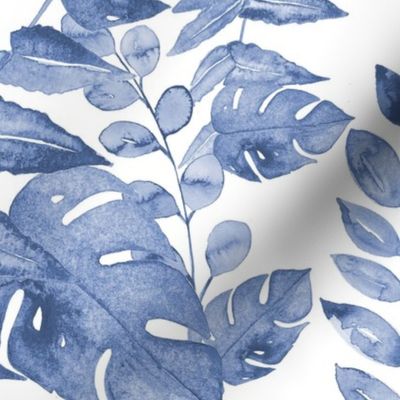 Coastal tropical watercolor monstera leaves - Classic blue and white - 24"