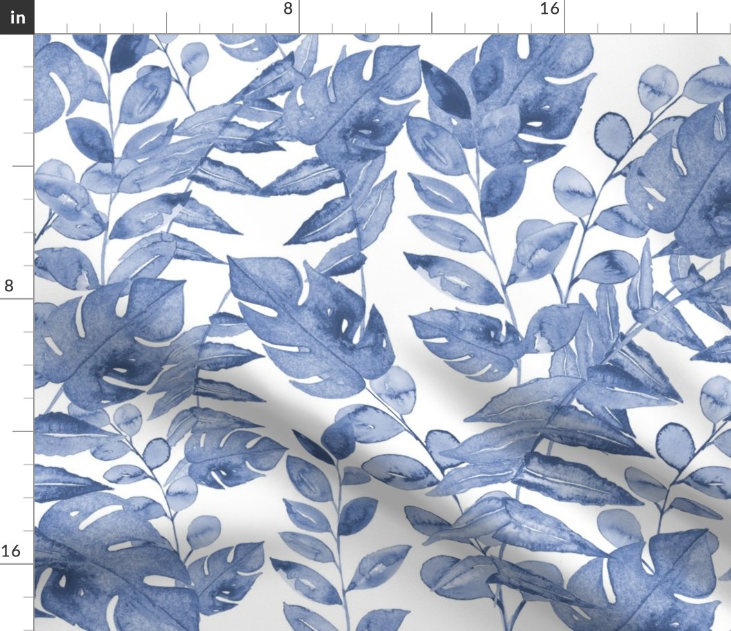 Coastal tropical watercolor monstera leaves - Classic blue and white - 24"