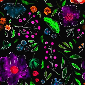 Watercolour spring flowers ,dark background 