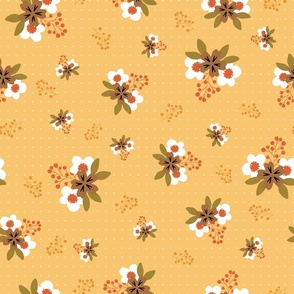 Delicate Flowers in Coral, Brown and Olive Green - Orange Background