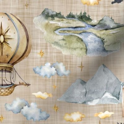 air balloon village brown linen