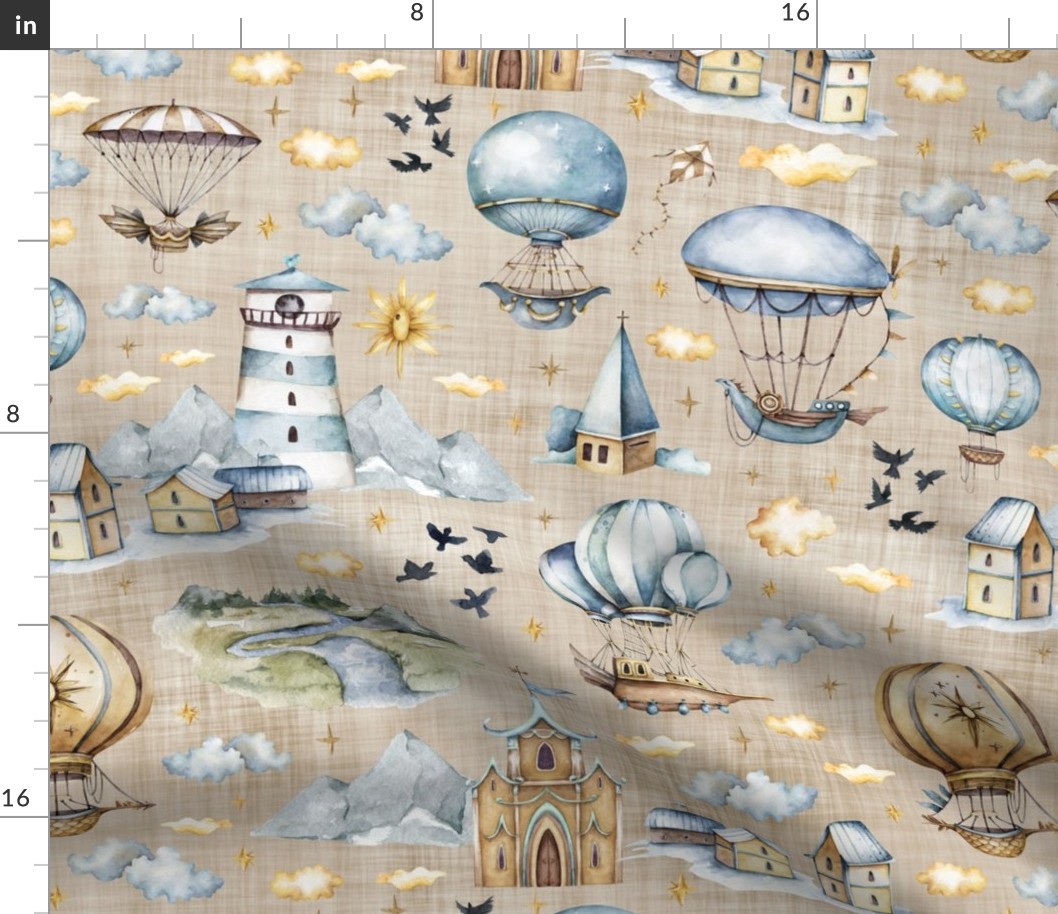 air balloon village brown linen