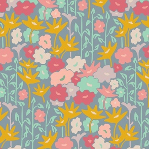 Jardin Garden Bed Abstract Retro Mid-Century Modern Floral Botanical in Cottage Pink Yellow Green Gray on Blue-Gray -MEDIUM Scale - UnBlink Studio by Jackie Tahara