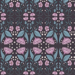 Pink and blue art deco floral in dark gray background