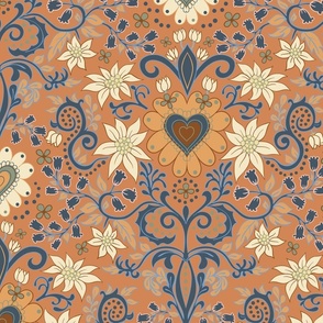 Boho floral and love hearts in warm earth tones, large scale