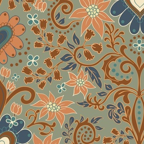 Art Deco design with large wildflowers and hearts, lush autumn colours
