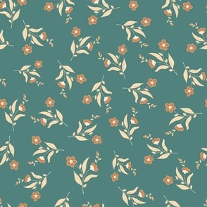 Small indian floral scattered repeat design orange, yellow and green