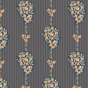 Small floral paisley on dark dusky blue stripe in autumn colours